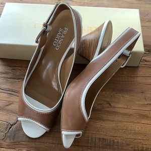 Franco Sarto Tan and White Leather Slingback Peep Toe Sandal